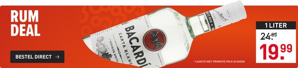 Rum deal: 1 liter bacardi carta blanca van &euro;24,99&nbsp;voor&nbsp;&euro;19,99